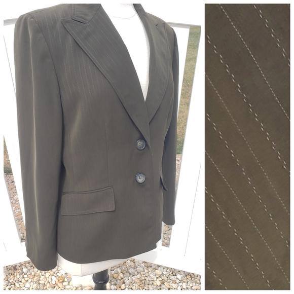 Kasper Jackets & Blazers - Kasper Dark Olive Green Pinstripe Blazer Jacket